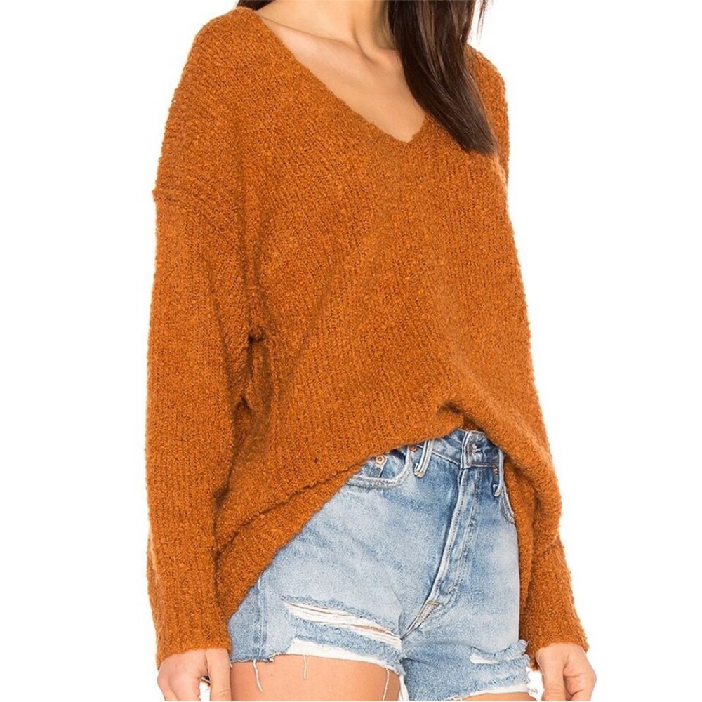 Free People Sweater Lofty V neck rust brown sweater Alpaca blend Slouchy XS